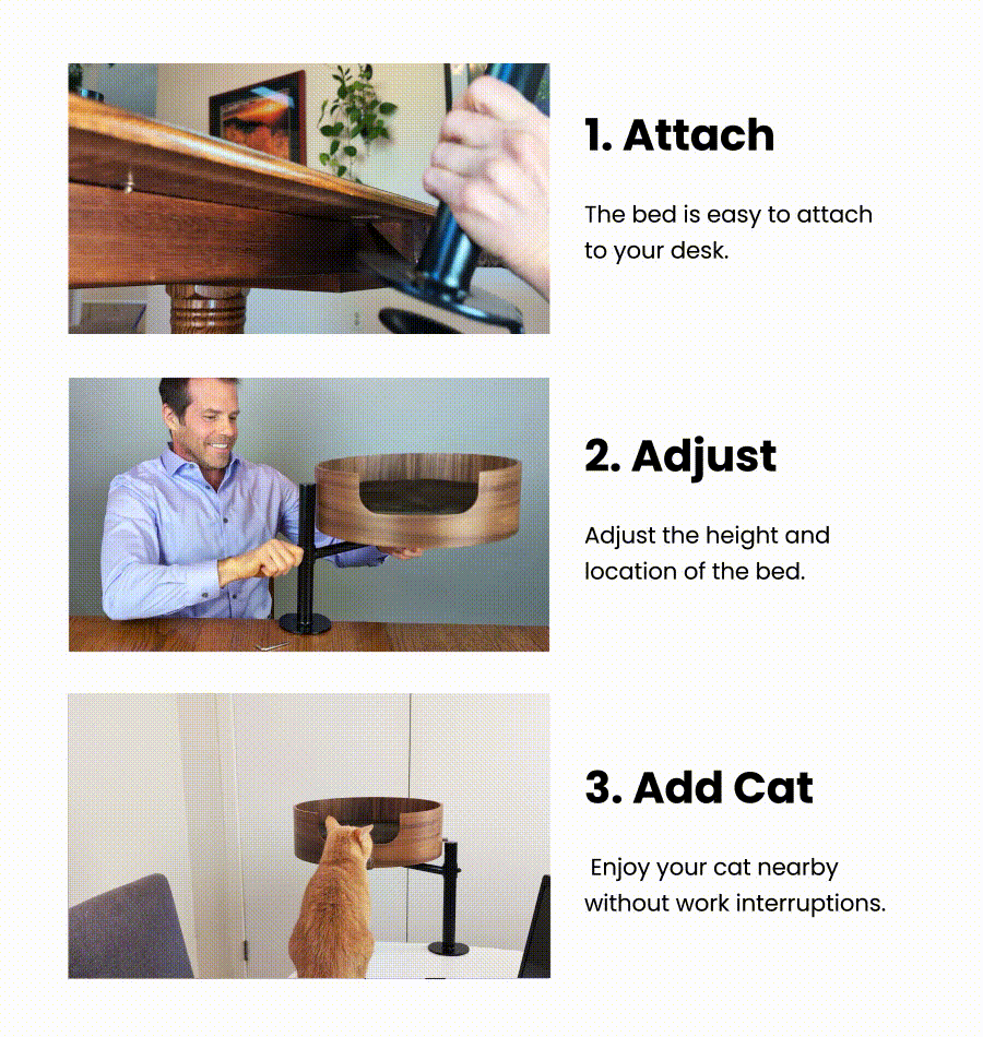 Three-step installation guide for Desk Nest cat bed showing how to attach it to a desk, adjust the height, and place your cat inside.